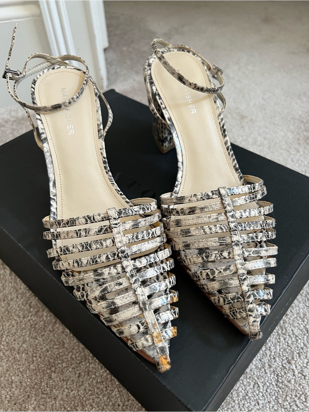 Marc Fisher Snake-Print Strappy Pointed-Toe Heels in Neutral
